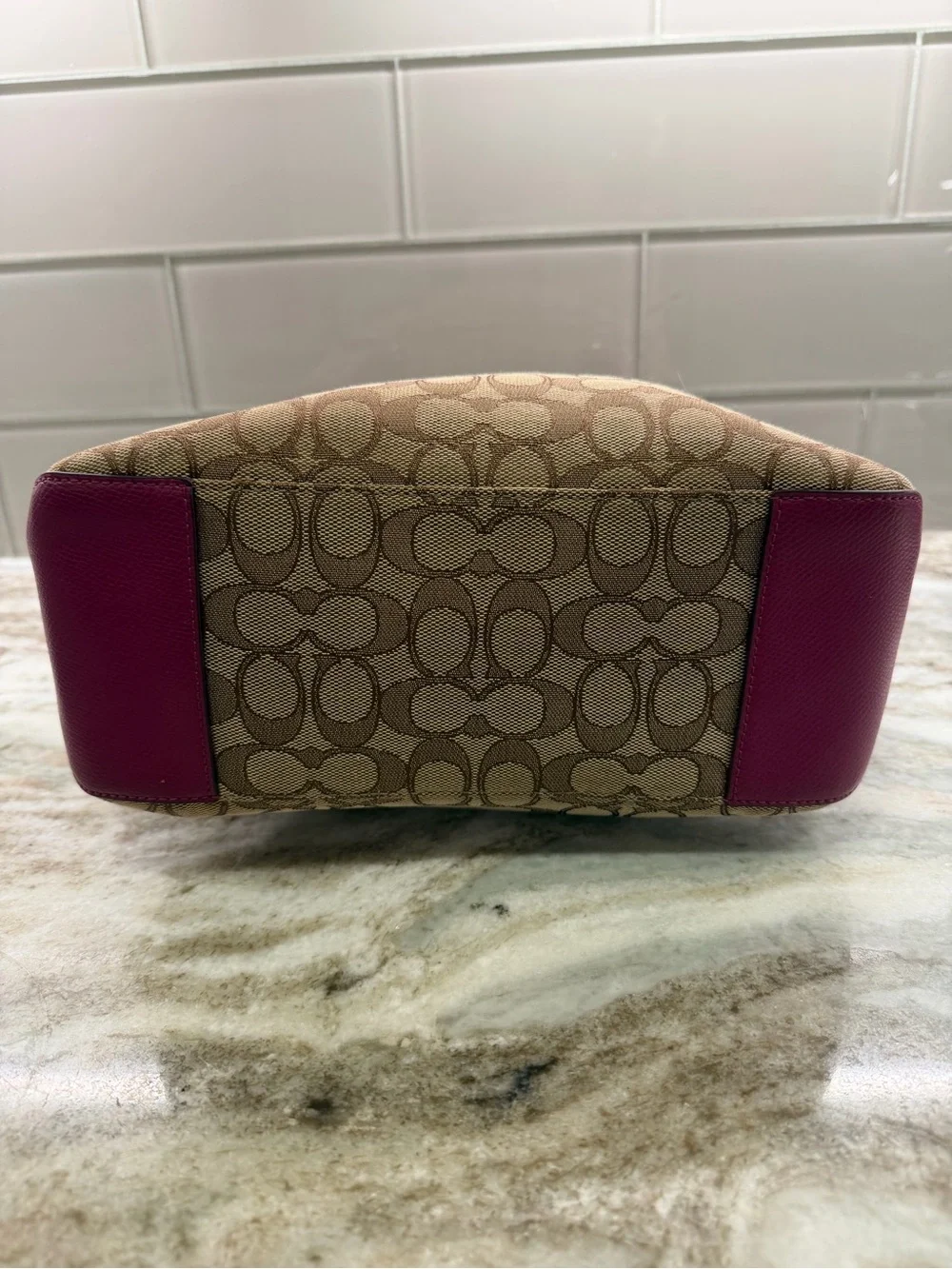 Coach Khaki Signature Canvas Tote with Berry Trim